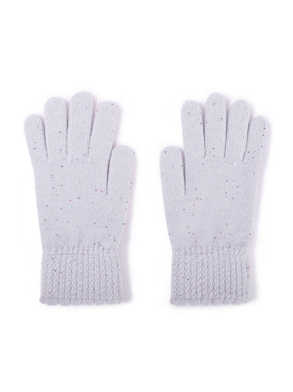 Light blue speckled gloves with textured cuffs, front pair view