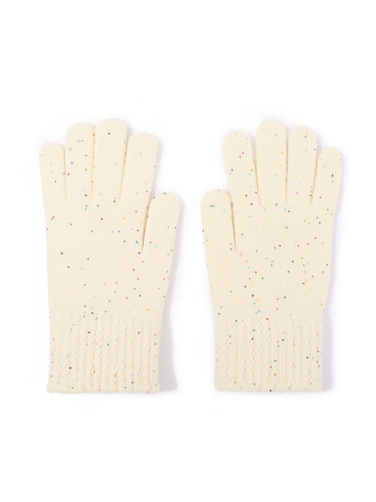 Ivory speckled gloves with textured cuffs, front pair view