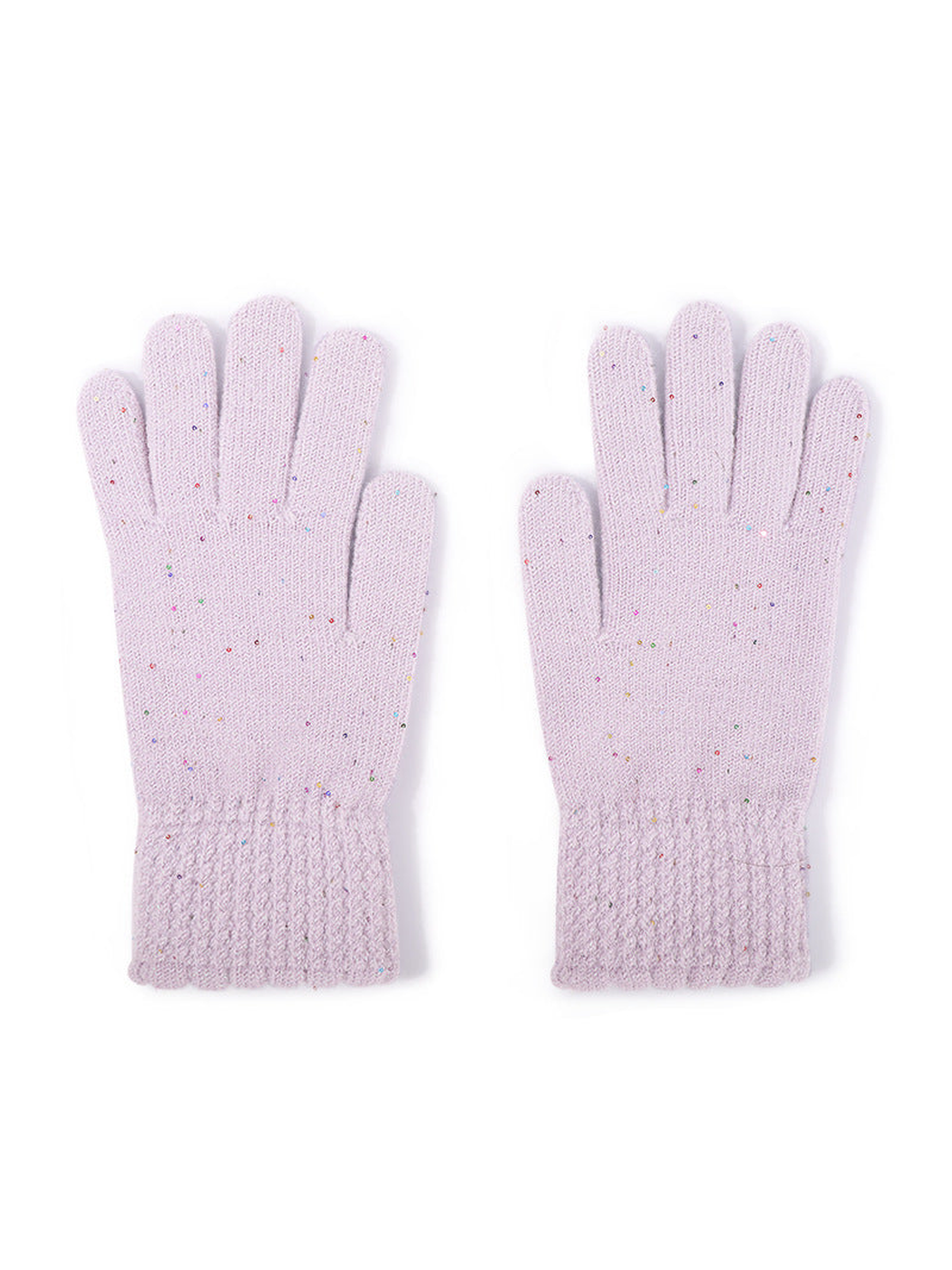 Light purple speckled gloves with textured cuffs, front pair view