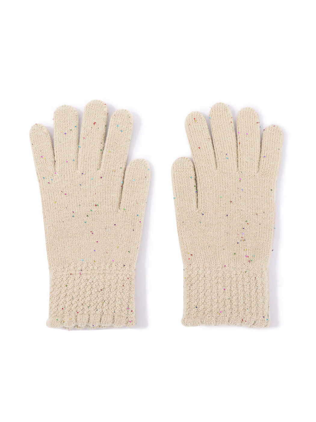 Light beige speckled gloves with textured cuffs, front pair view