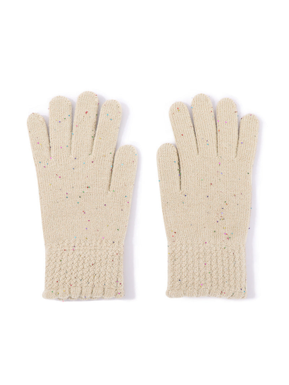 Light beige speckled gloves with textured cuffs, front pair view