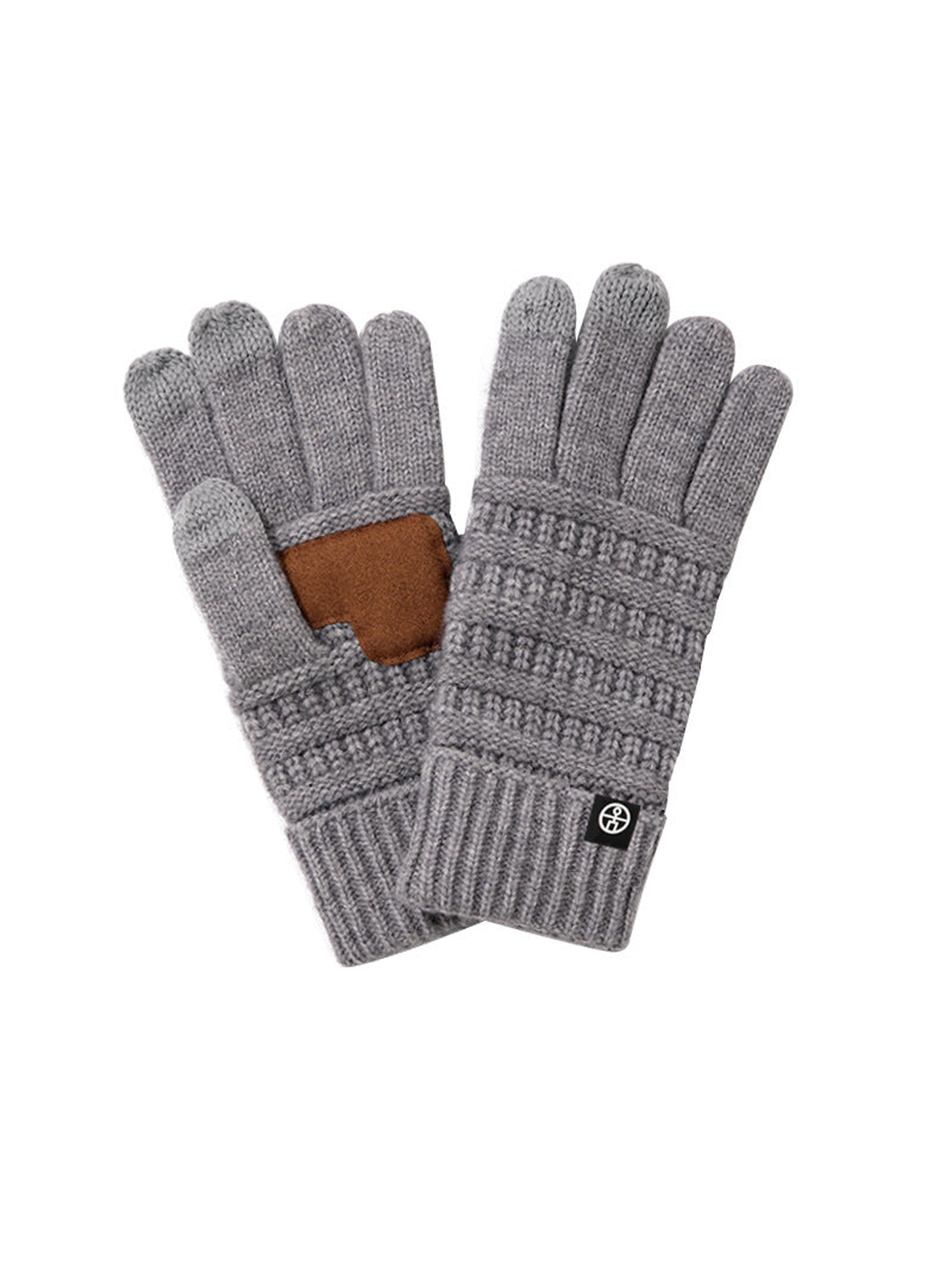 Heather gray textured knit gloves with ribbed cuffs and brown palm patch