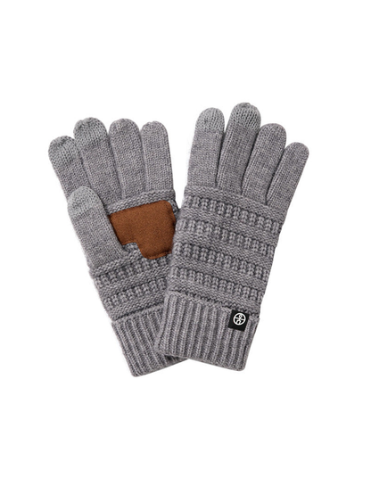 Heather gray textured knit gloves with ribbed cuffs and brown palm patch