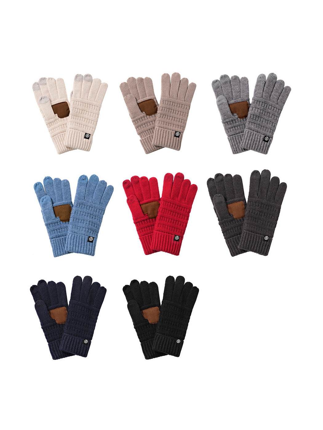 Eight color variations of textured knit gloves displayed together