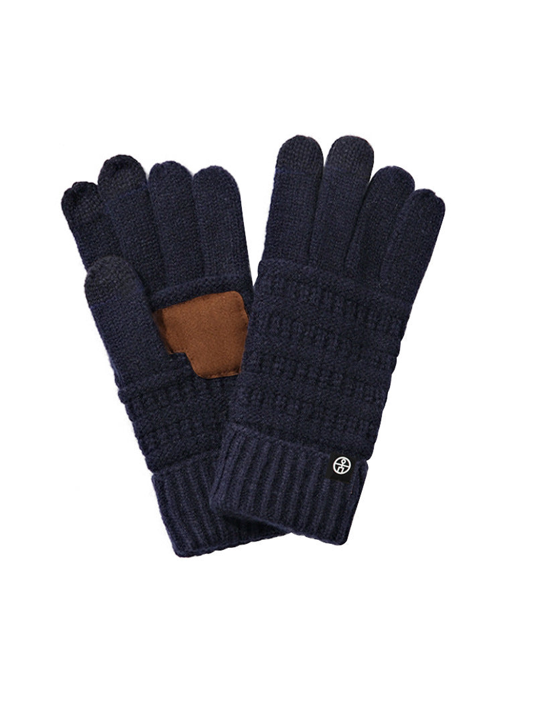 Navy textured knit gloves with ribbed cuffs and brown palm patch