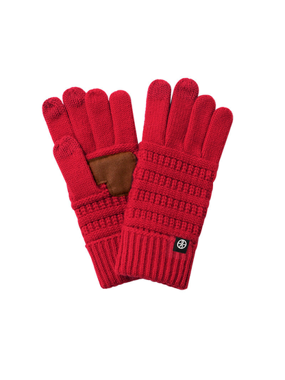 Red textured knit gloves with ribbed cuffs and brown palm patch