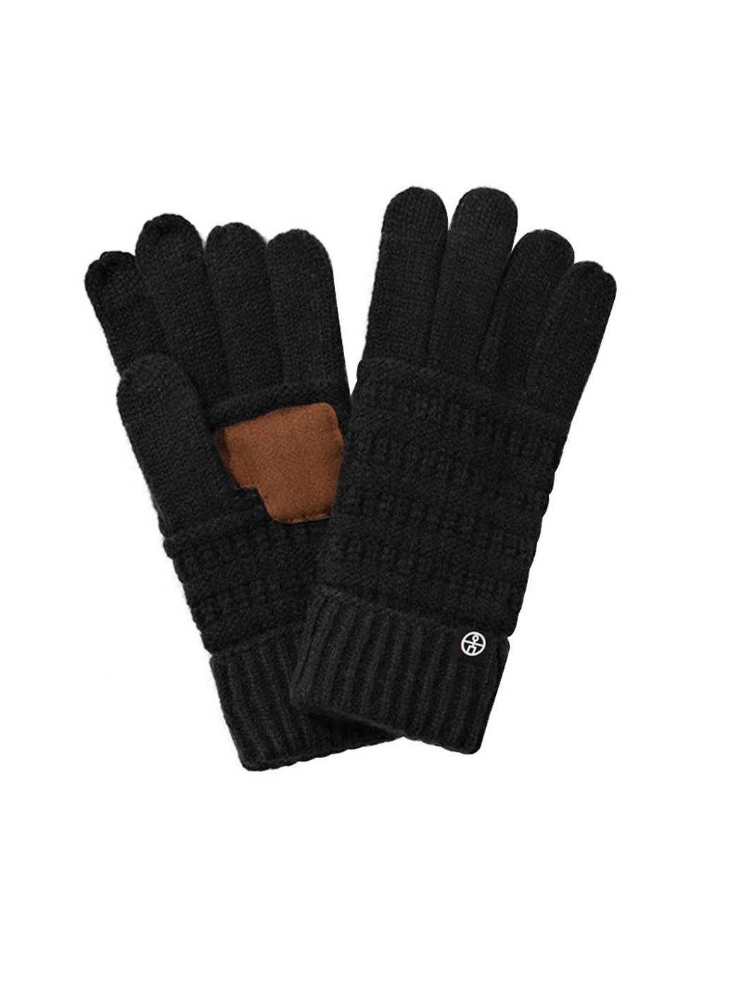 Black textured knit gloves with ribbed cuffs and brown palm patch