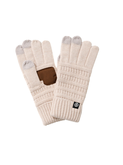 Ivory textured knit gloves with gray fingertips and brown palm patch