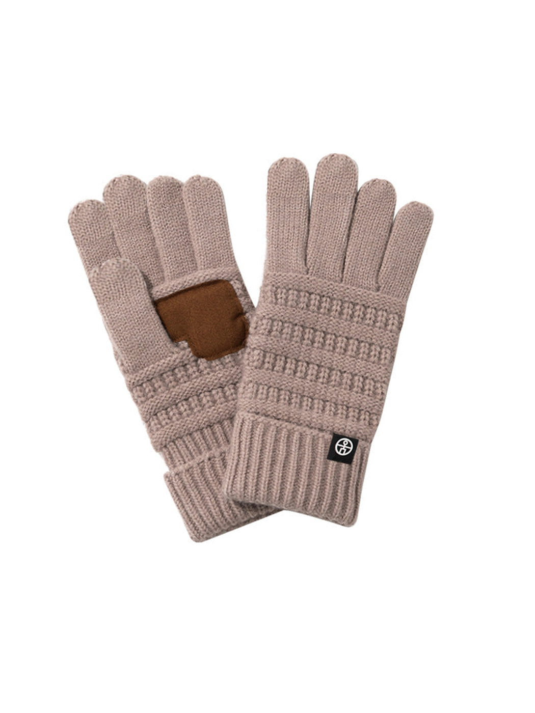 Greige textured knit gloves with ribbed cuffs and brown palm patch