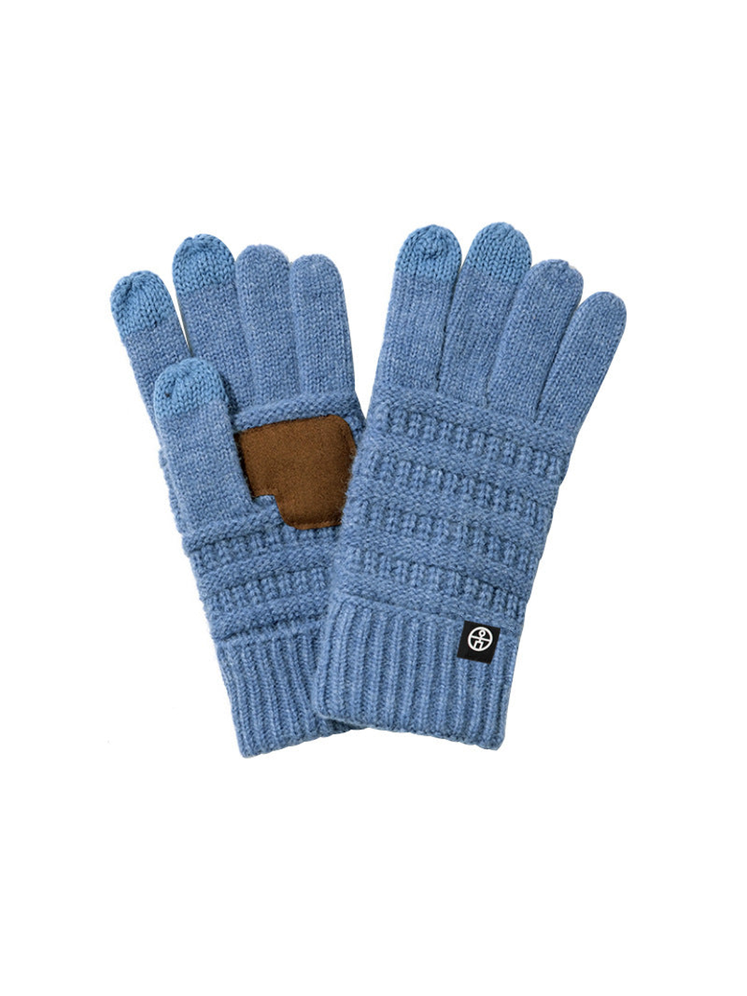 Light blue textured knit gloves with ribbed cuffs and brown palm patch