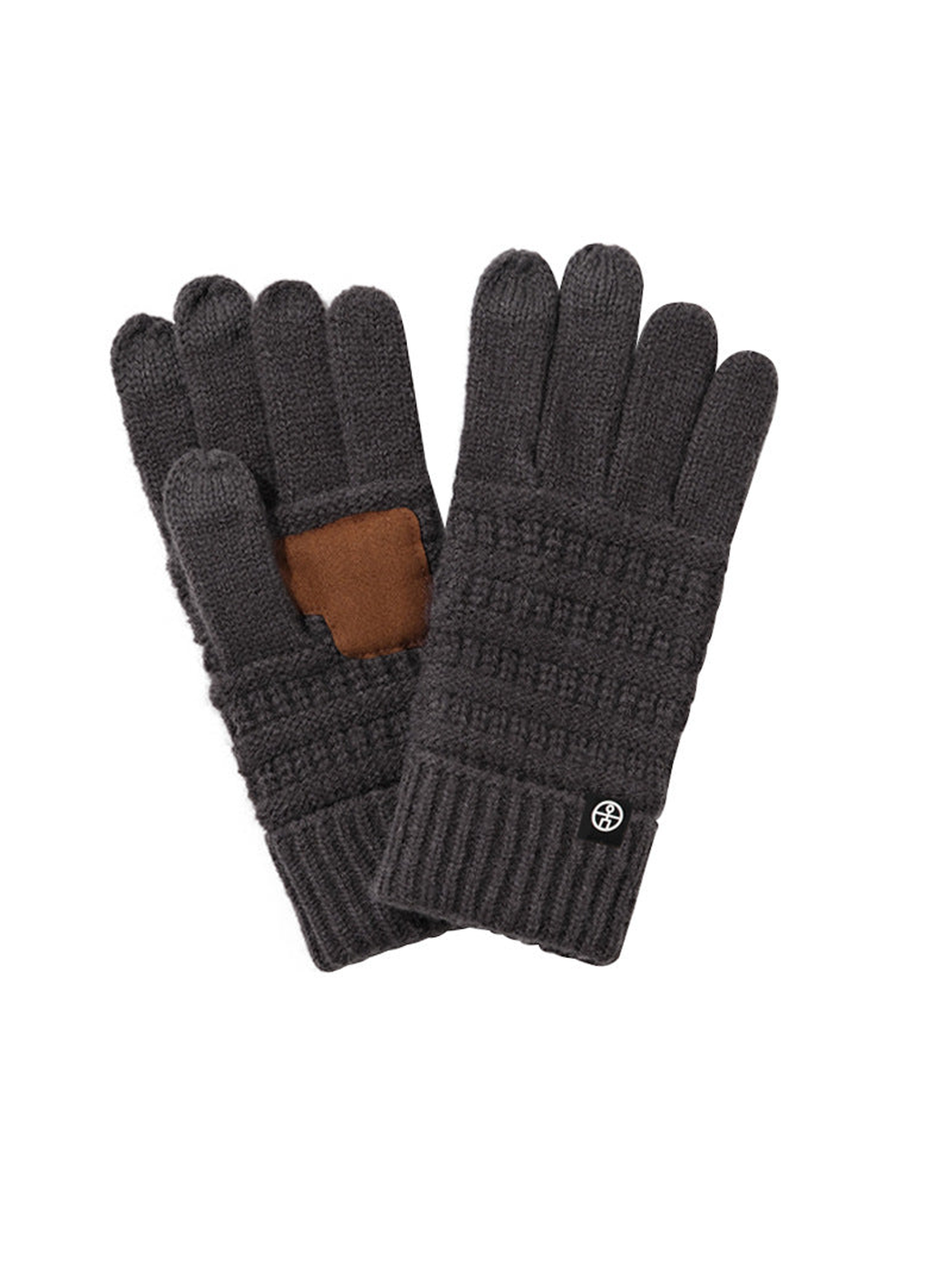 Dark gray textured knit gloves with ribbed cuffs and brown palm patch