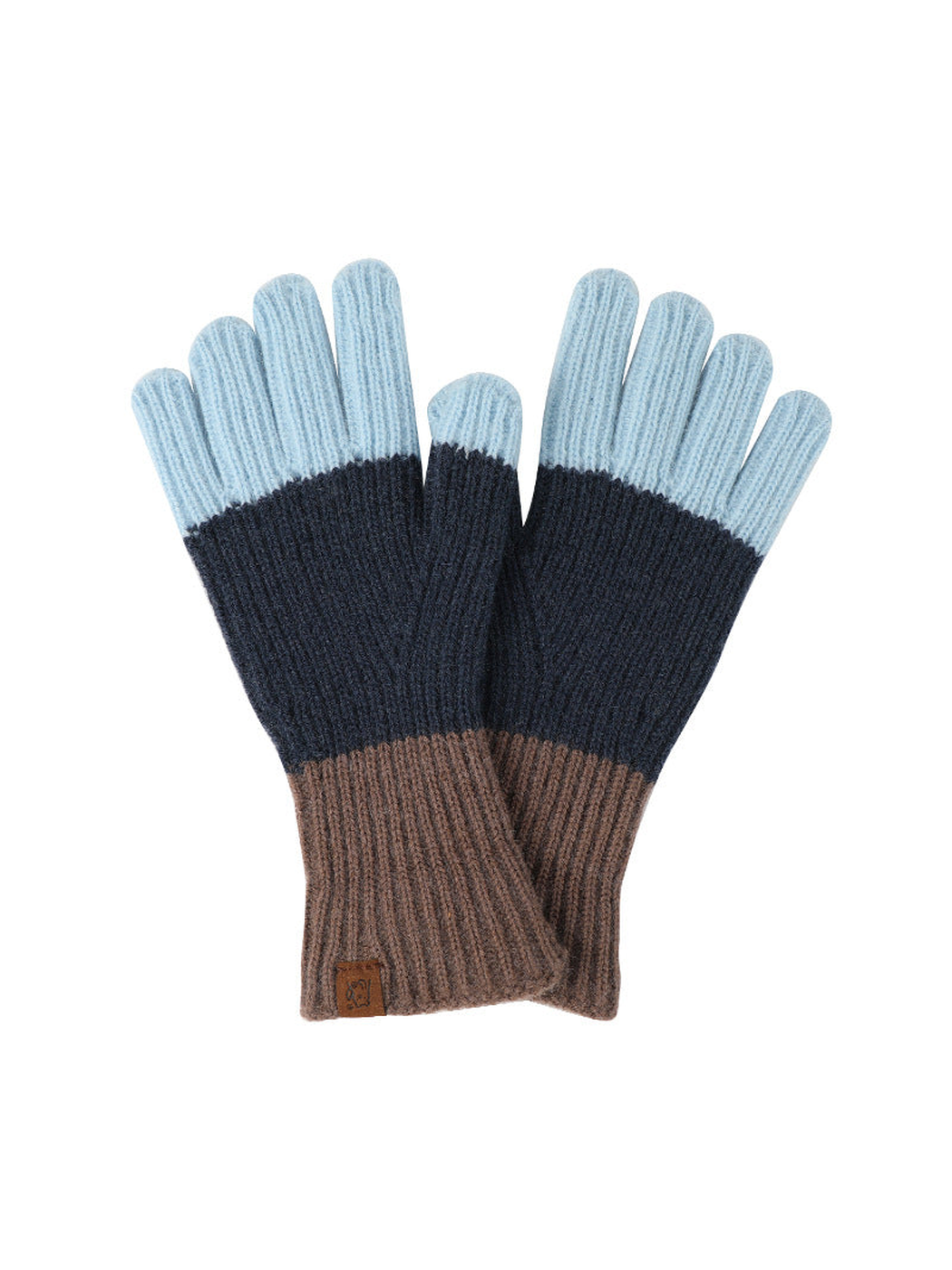 Brown, navy and light blue colorblock ribbed gloves
