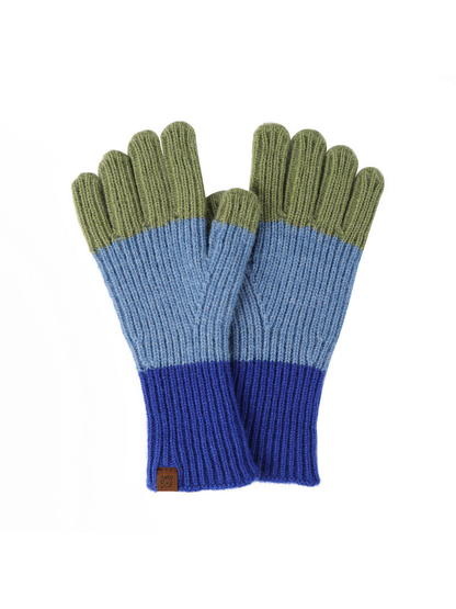 Royal blue, slate blue and olive green colorblock ribbed gloves