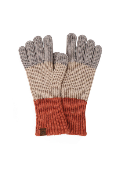 Rust orange, beige and gray colorblock ribbed gloves