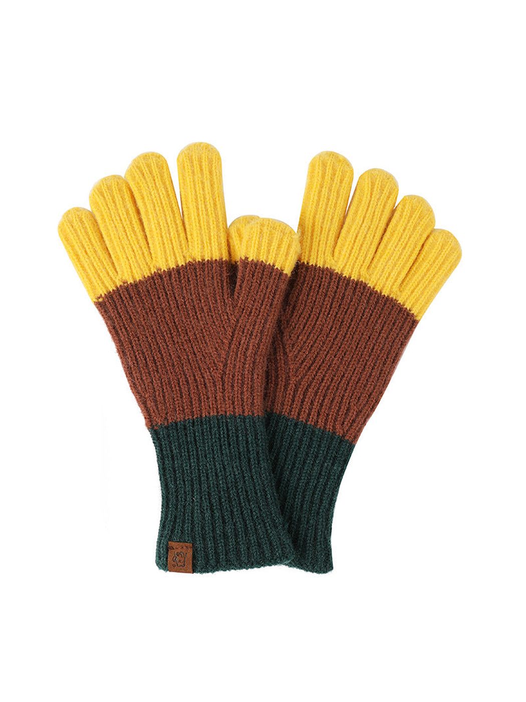 Dark green, brown and yellow colorblock ribbed gloves