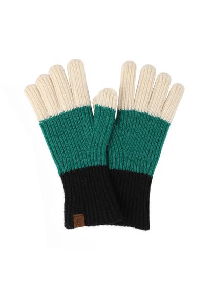 Black, teal and ivory colorblock ribbed gloves
