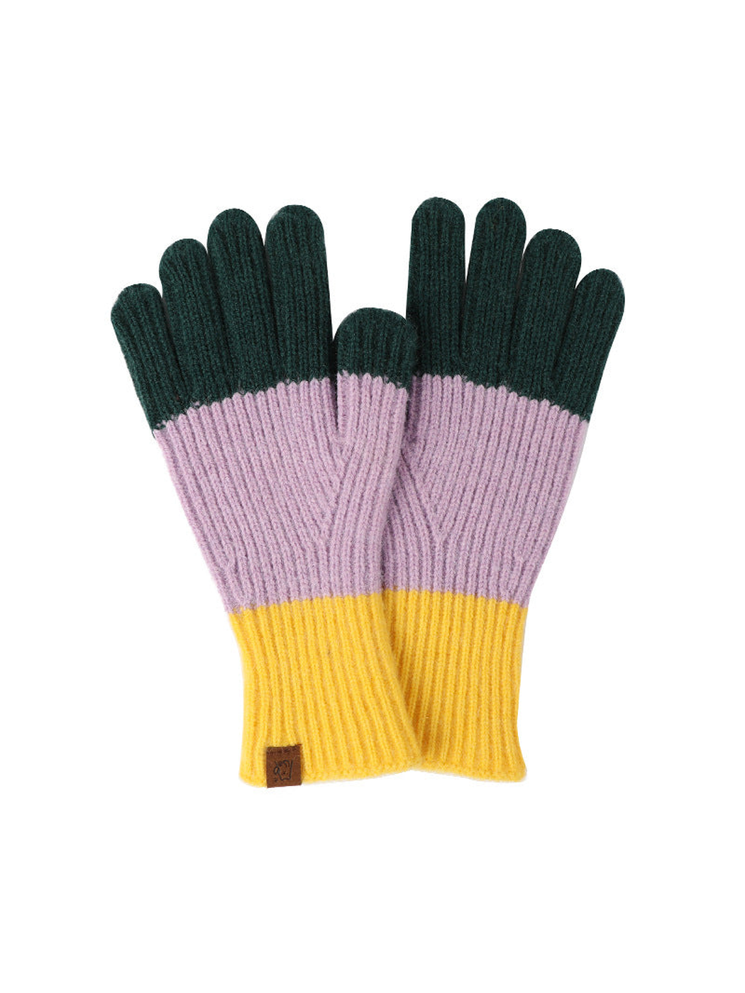 Yellow, lavender and dark green colorblock ribbed gloves