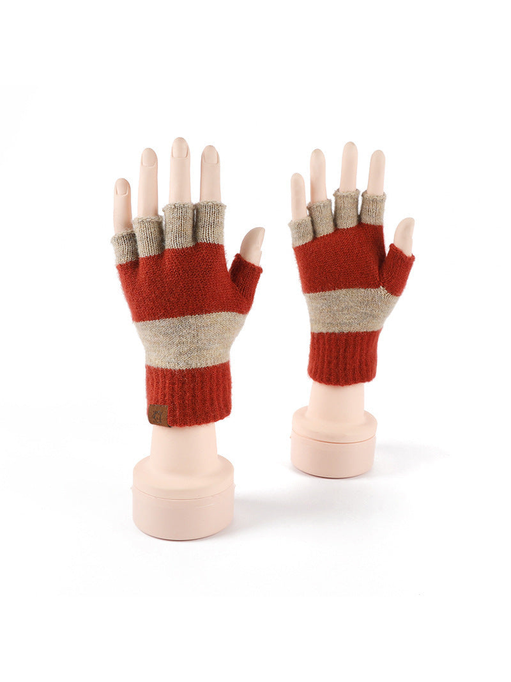 Red and gray striped fingerless gloves, front and back views