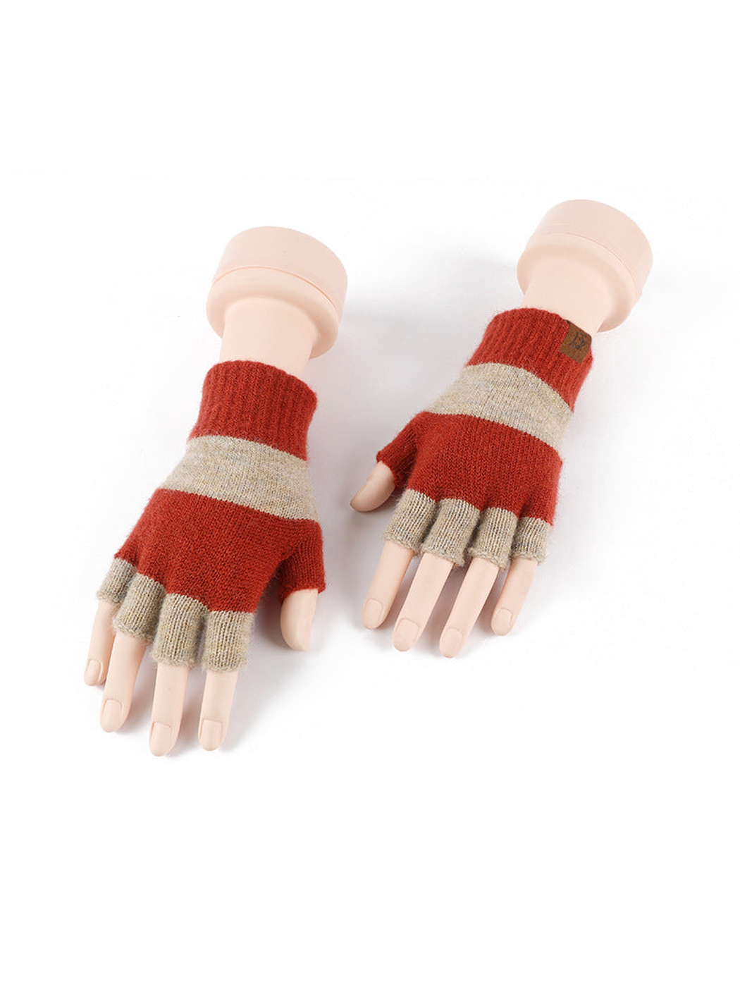 Red and gray striped fingerless gloves displayed from palm and back views