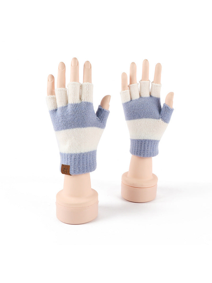 Light blue and white striped fingerless gloves, front and back views