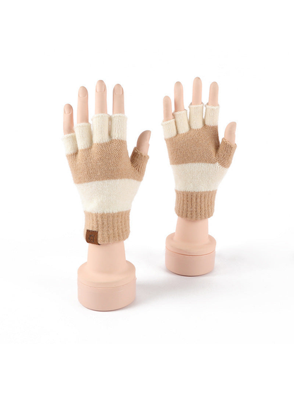 Beige and white striped fingerless gloves, front and back views