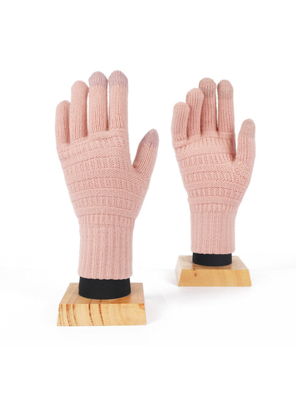 Light pink knit gloves with textured bands and extended ribbed cuffs