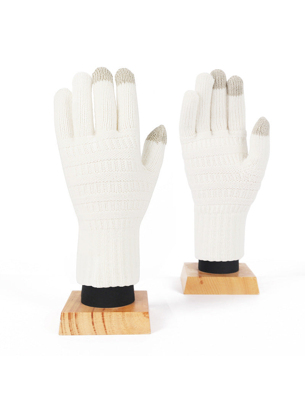 Ivory knit gloves with contrasting fingertip panels, front view