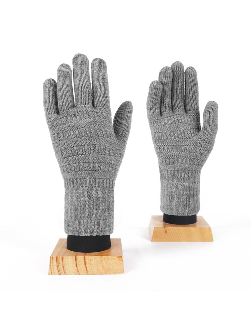 Heather gray knit gloves with textured bands, front view