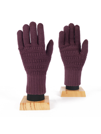 Burgundy knit gloves with extended ribbed cuffs, front view