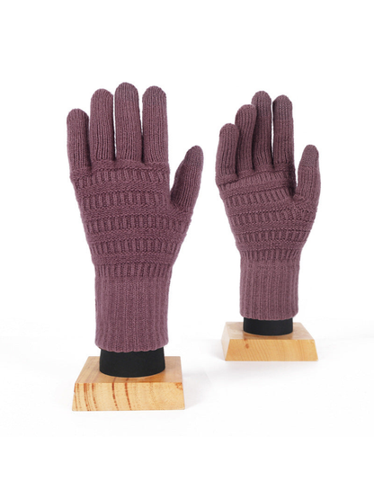 Heather purple knit gloves with textured bands, front view