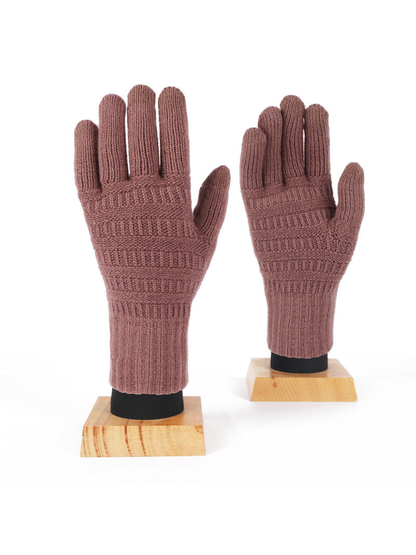 Dusty pink knit gloves with extended ribbed cuffs, front view