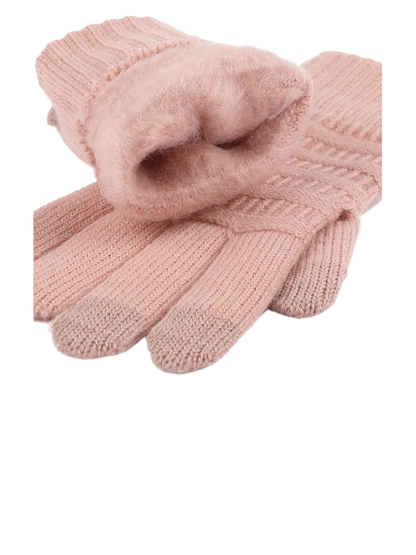 Close-up of the pink gloves' fuzzy interior and knit fingers