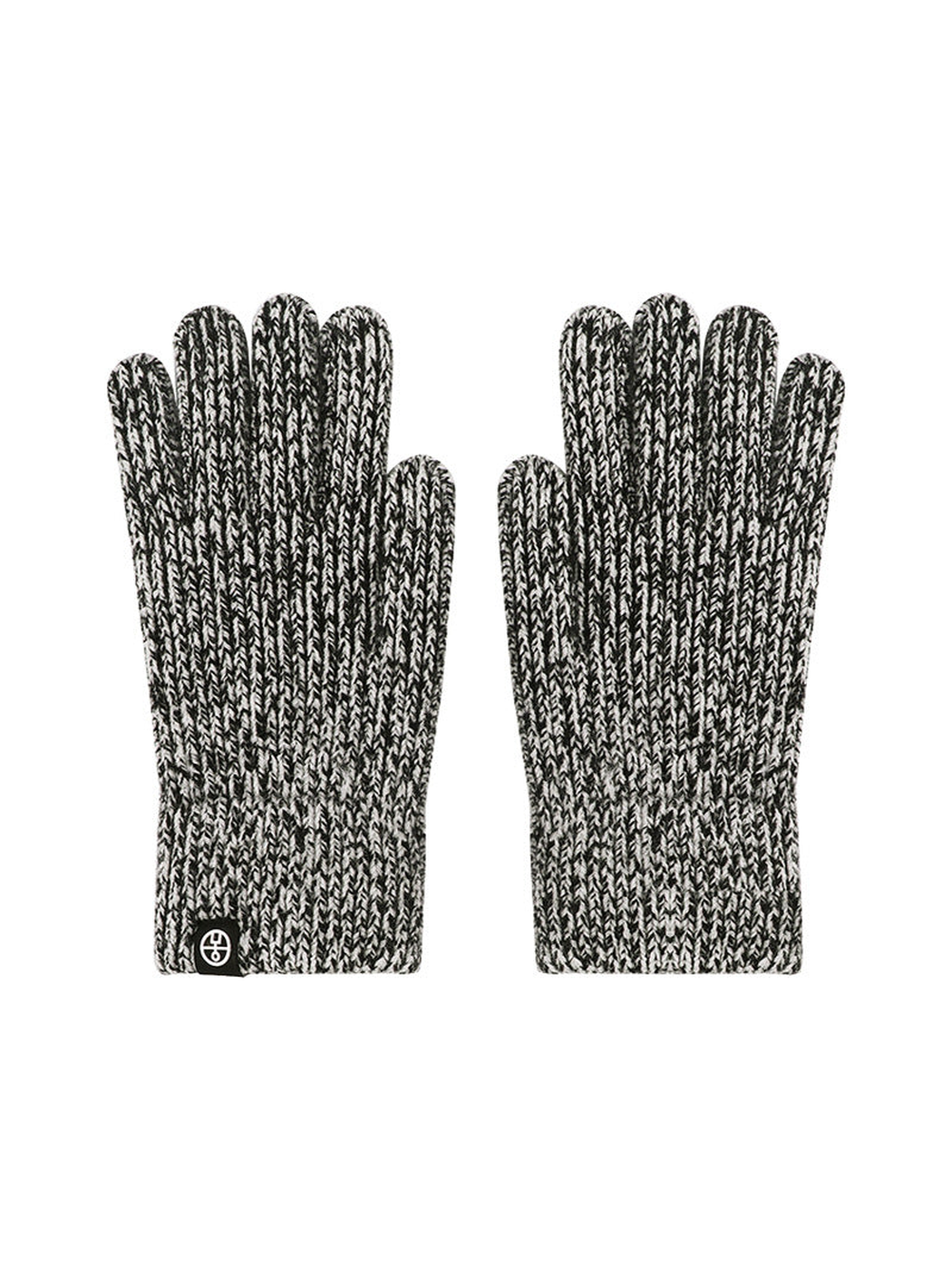 Black and gray marled ribbed gloves, front view