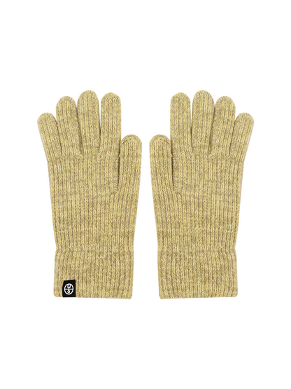 Yellow and white marled ribbed gloves, front view