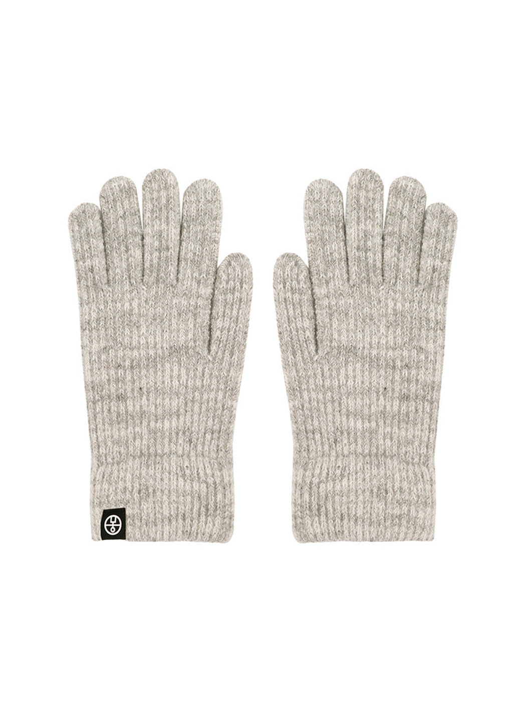 Gray and white marled ribbed gloves, front view