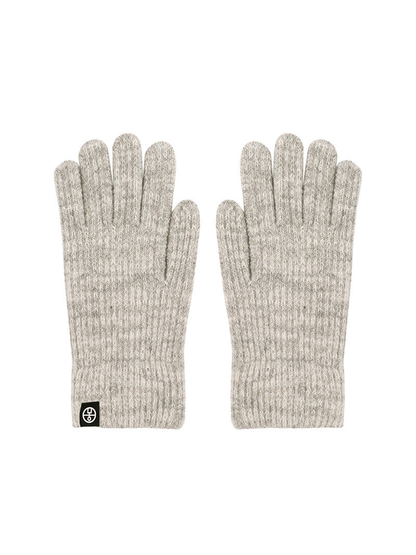 Gray and white marled ribbed gloves, front view