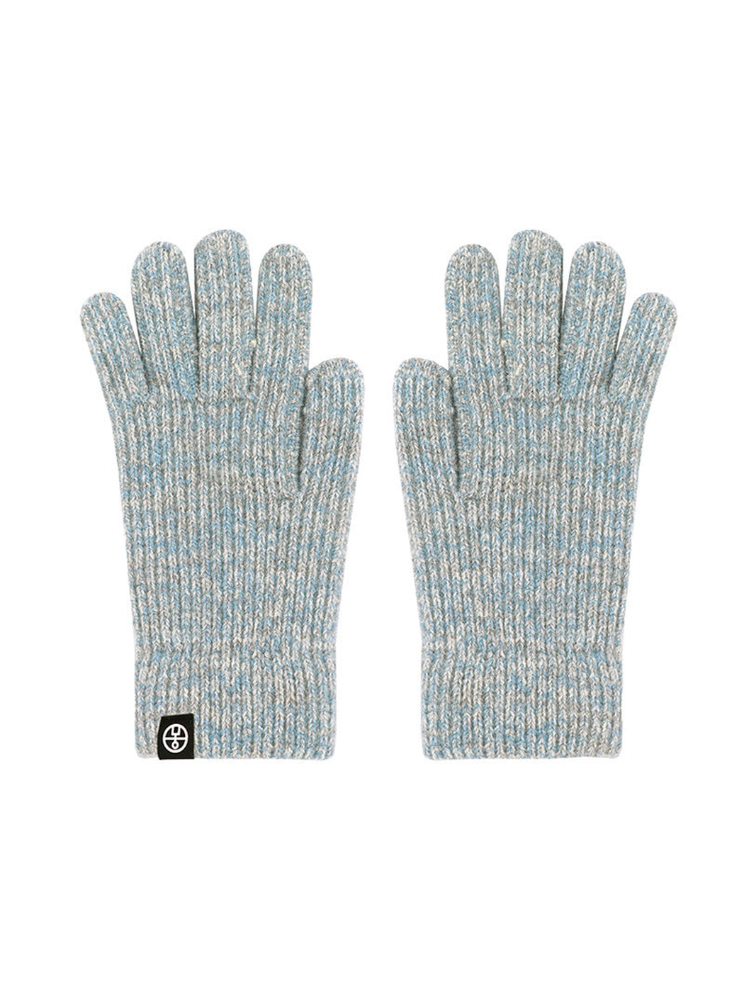 Blue and white marled ribbed gloves, front view
