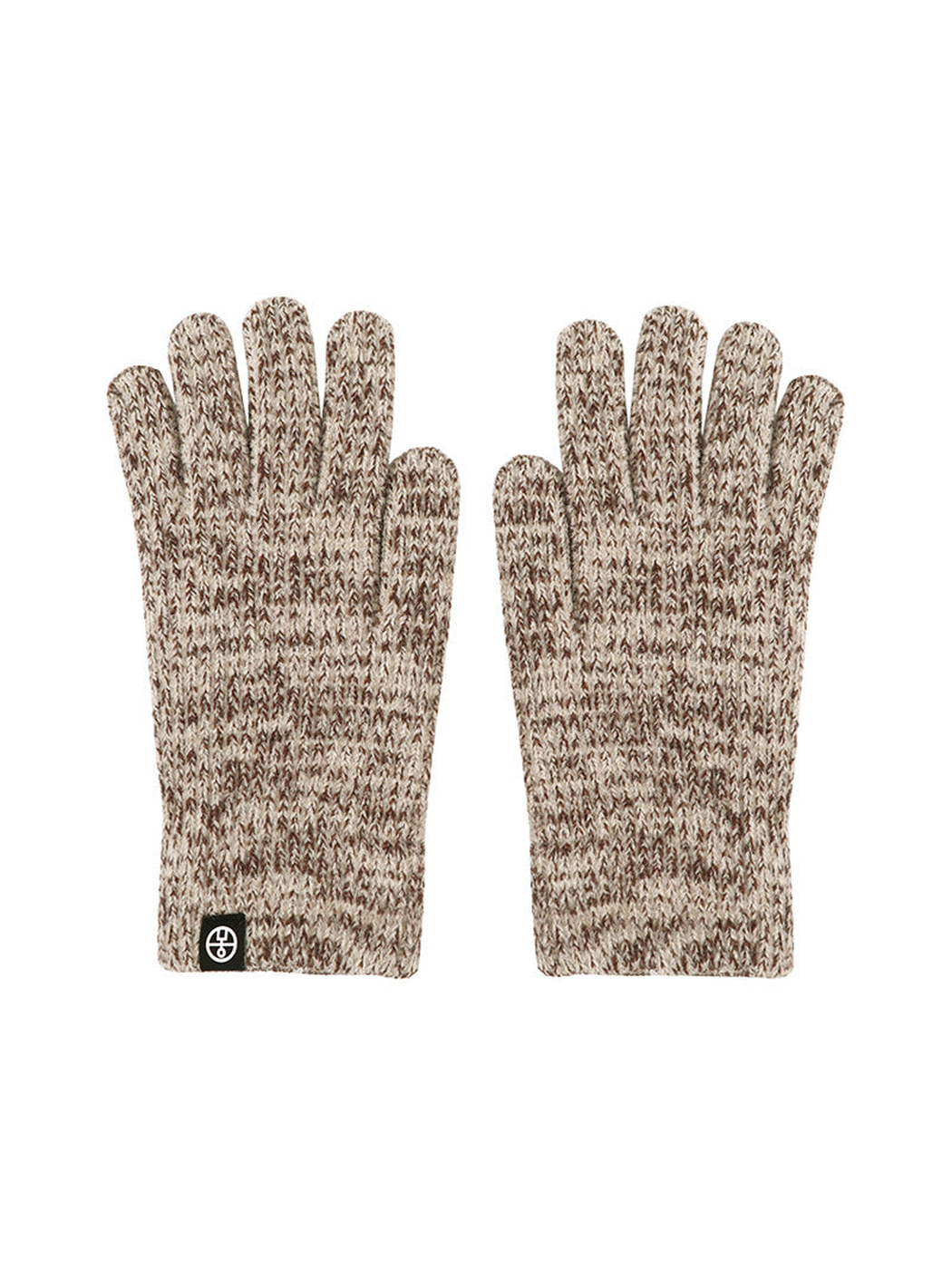 Brown and white marled ribbed gloves, front view