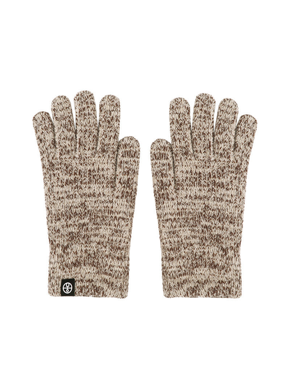 Brown and white marled ribbed gloves, front view