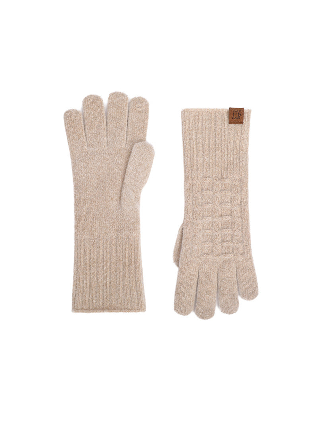 Beige textured gloves with extended ribbed cuffs, front and back views