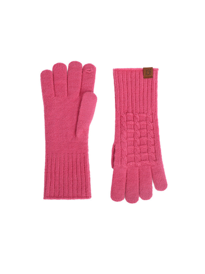 Pink textured gloves with extended ribbed cuffs, front and back views