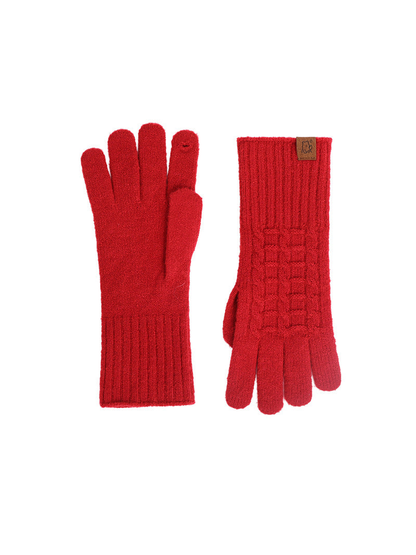 Red textured gloves with extended ribbed cuffs, front and back views