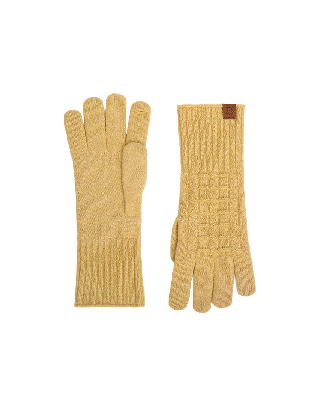 Yellow textured gloves with extended ribbed cuffs, front and back views