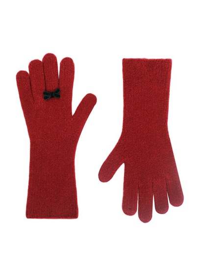 Red ribbed gloves with black bow accents, front and back views