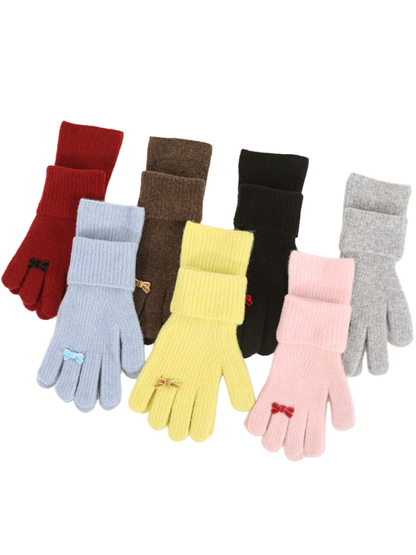 Bow-accented ribbed gloves displayed in seven colors