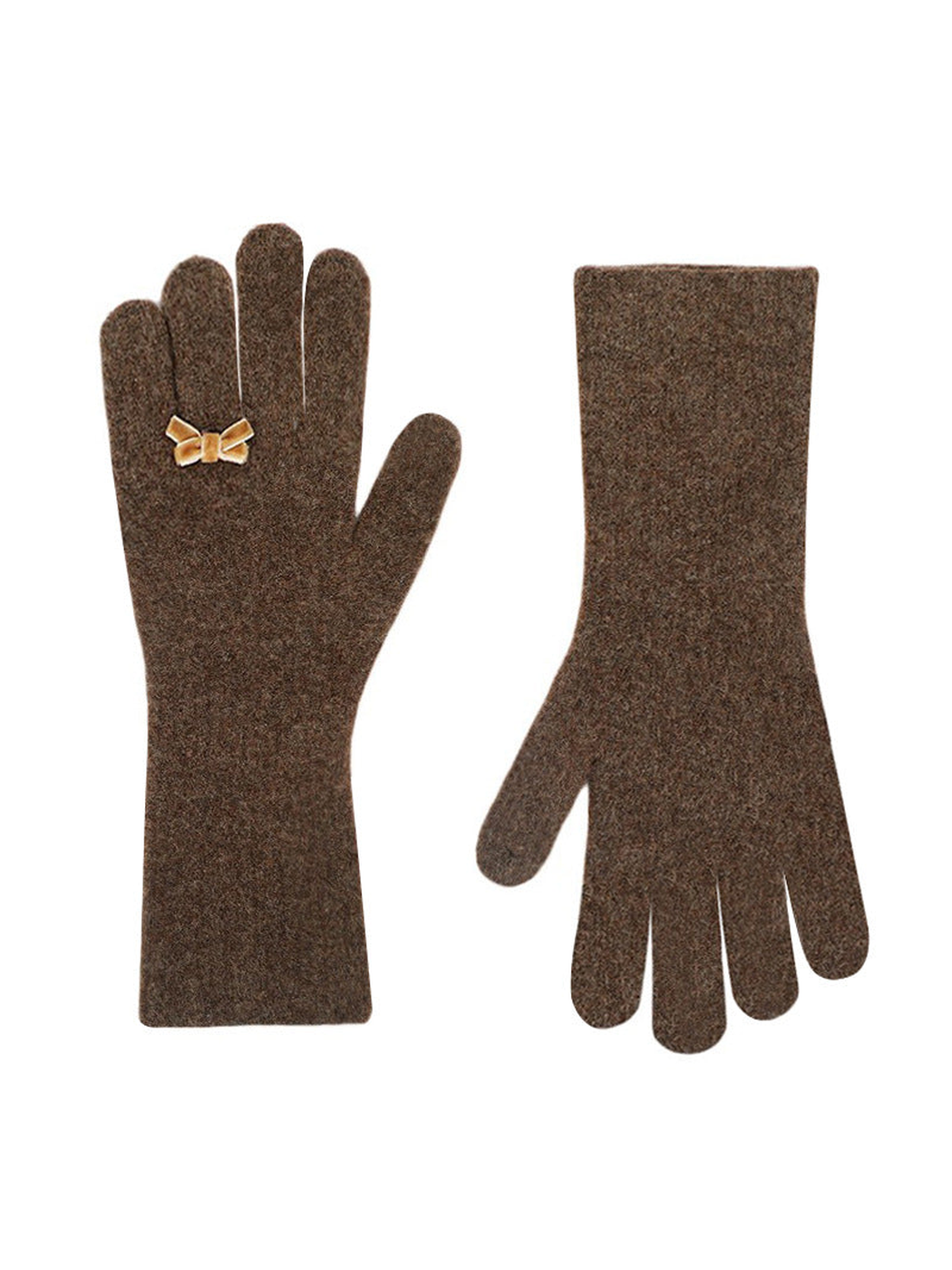 Brown ribbed gloves with tan bow accents, front and back views