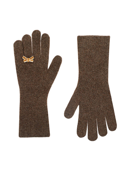 Brown ribbed gloves with tan bow accents, front and back views