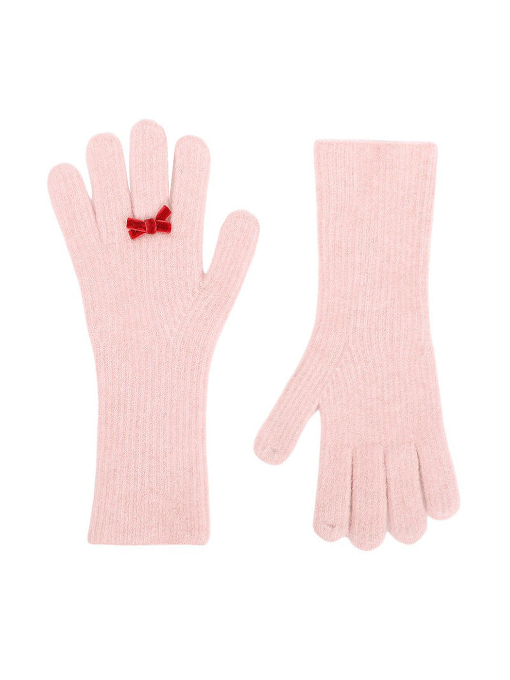 Light pink ribbed gloves with red bow accents, front and back views
