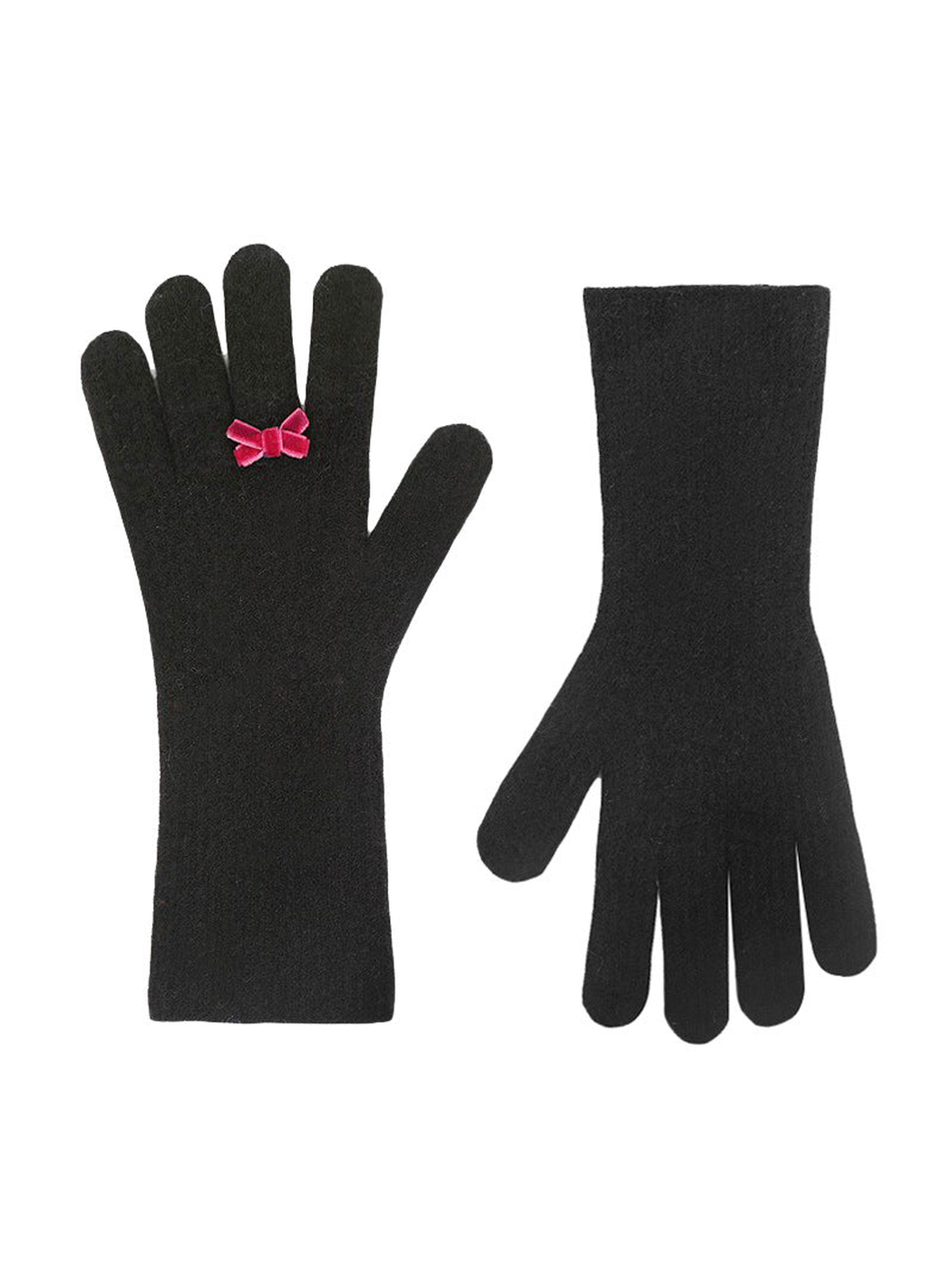 Black ribbed gloves with pink bow accents, front and back views