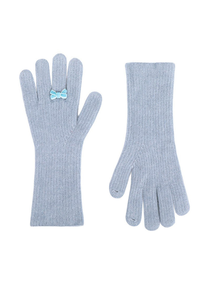 Light blue ribbed gloves with blue bow accents, front and back views